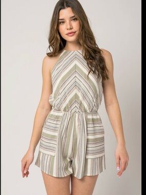 Gilli Olive Stripe Halter Romper